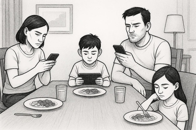 Ilustrasi keluarga duduk di meja makan yang sama, namun terpisah dalam keheningan. Foto: dibuat dengan Copilot AI berdasarkan ide dan arah visual oleh penulis