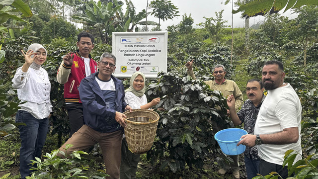 Aktivitas Panen Raya Kopi yang menjadi salah satu rangkaian acara inisiasi ekspor produk kopi tahap pertama seberat 1 ton di Desa Sejahtera Astra Tugu Utara, Bogor, Jawa Barat yang dihadiri oleh Head of Environment & Social Responsibility Astra Diah Suran Febrianti (tengah), Kelompok Tani Hutan Cikoneng & Rawagede dan Perwakilan Asosiasi Eksportir Kopi Indonesia pada Rabu (18/6). Foto: Dok. Astra