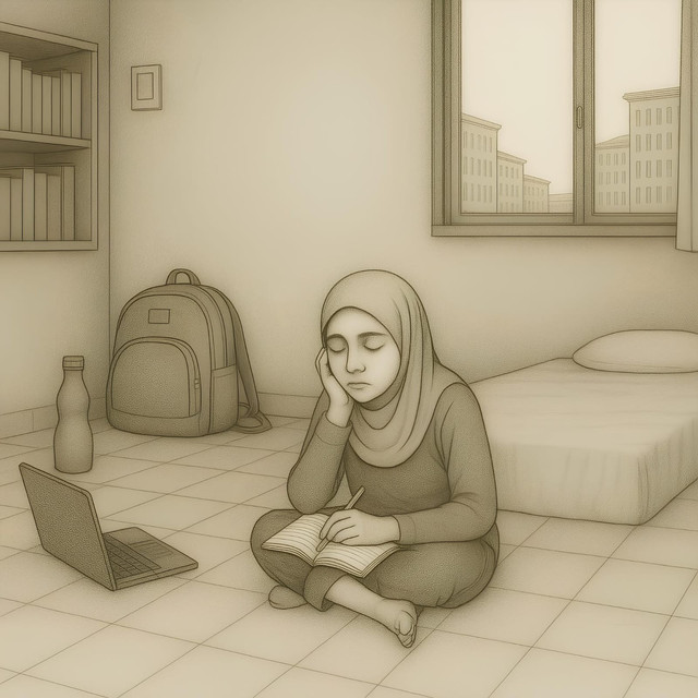 Ilustrasi gambar kesendirian mahasiswa yang kontemplatif. foto: di buat dengan bantuan AI Copilot, berdasarkan arahan visual dan emosional dari penulis.