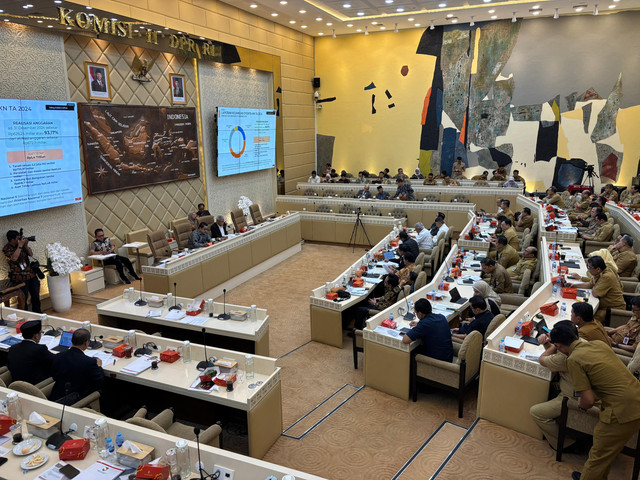 Suasana Rapat Kerja Komisi II DPR RI bersama Kemendagri, BNPP, DKPP, dan OIKN pada Selasa (8/7). Foto: Abid Raihan/kumparan