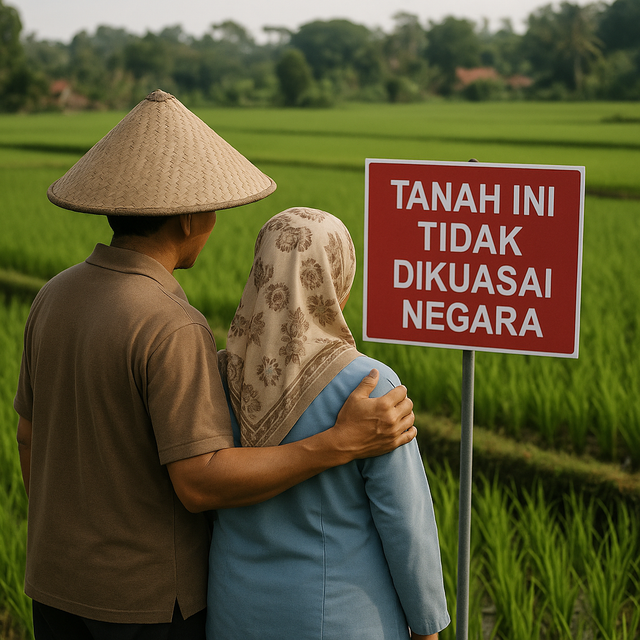 Foto Ilustrasi: petani Indonesia dan istrinya melihat sawah dengan papan bertuliskan tanah tanpa sertifikat 2026 tidak dikuasai negara. Created chatgpt.com by Yudi Setyo Prayogo