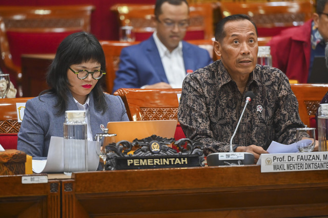 Wakil Menteri Pendidikan Tinggi, Sains, dan Teknologi Fauzan (kanan) dan Stella Christie (kiri) memberikan paparan saat mengikuti rapat kerja dengan Komisi X DPR di Kompleks Parlemen, Senayan, Jakarta, Kamis (10/7/2025). Foto: Rivan Awal Lingga/ANTARA FOTO