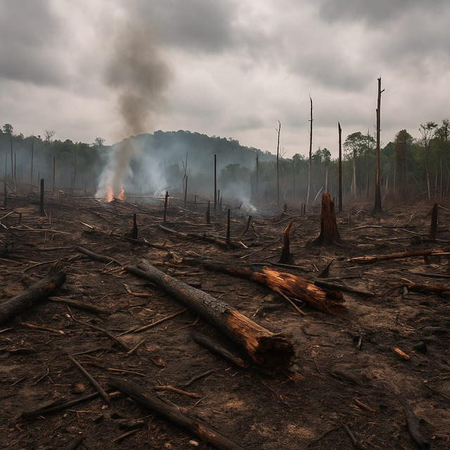 Hutan yang rusak akibat pembalakan liar dan kebakaran lahan. Asap dan batang pohon yang terbakar menunjukkan minimnya pengawasan hukum atas tindakan merusak lingkungan. (Sumber: Pixabay)