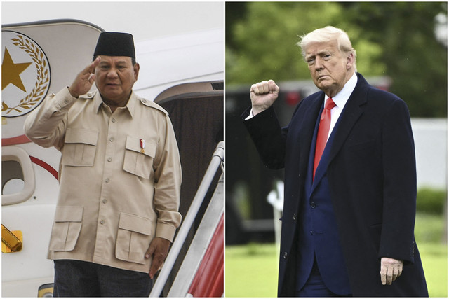 Kolase foto Presiden Prabowo Subianto dan Presiden Amerika Serikat Donald Trump.  Foto: Galih Pradipta/ANTARA FOTO dan Mandel Ngan/AFP