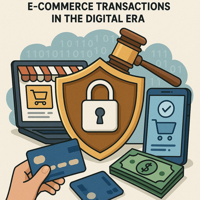 Gambar ini menggambarkan pentingnya peran hukum dalam menjamin keamanan transaksi e-commerce di era digital. Di bagian tengah terdapat simbol perisai dengan gembok sebagai lambang perlindungan hukum terhadap data dan transaksi digital. Dikelilingi oleh perangkat seperti laptop, smartphone, kartu kredit, uang tunai, dan palu hakim, ilustrasi ini menunjukkan kolaborasi antara teknologi dan regulasi untuk menciptakan ekosistem e-commerce yang aman dan terpercaya. Latar belakang angka biner menekankan nuansa digitalisasi, sementara kehadiran palu hakim menjadi simbol pengawasan dan perlindungan hukum yang aktif dalam dunia maya.Sumber Gambar: Ilustrasi AI oleh ChatGPT