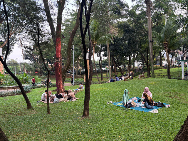 Sejumlah pengunjung bersantai di Taman Langsat di Jakarta Selatan pada Sabtu (12/7). Foto: Abid Raihan/kumparan