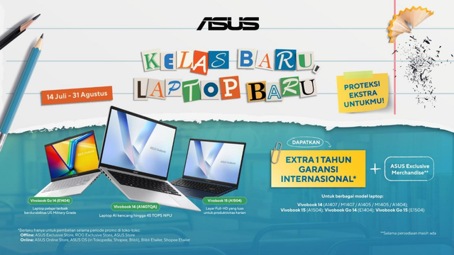 ASUS hadirkan promo spesial menyambut tahun ajaran baru dengan memberikan 1 tahun tambahan garansi internasional untuk laptop ASUS Vivobook dan ASUS Vivobook Go. Foto: Dok. Istimewa