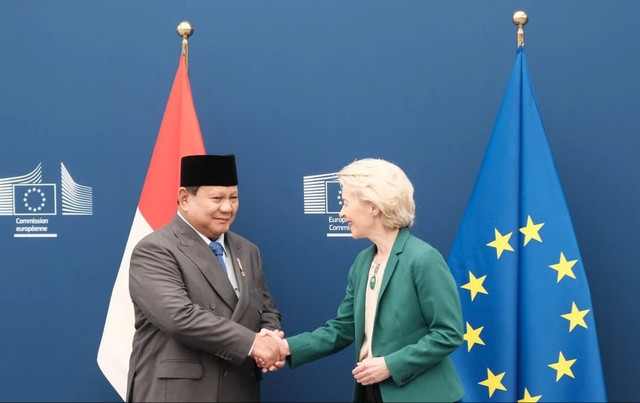 Presiden Prabowo Subianto bersama Presiden Komisi Eropa, Ursula von der Leyen di kantor pusat Uni Eropa di Brussels, Belgia (Sumber: Kumparan) 