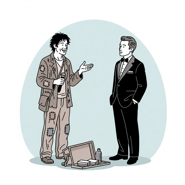 Ilustrasi Pengamen yang sedang memberikan nasihat kehidupan kepada seorang pria yang mengenakan tuxedo (sumber: Gemini AI/www.gemini.google.com/image/create)