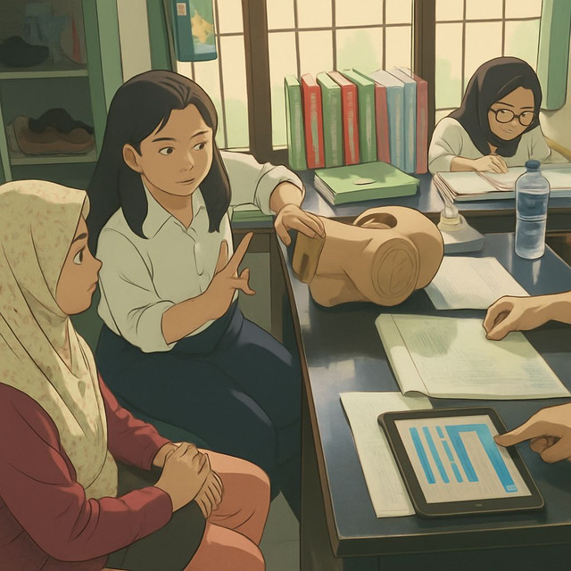 Penyampaian informasi KB kepada calon akseptor. Sumber: Dokumentasi pribadi (visual diedit dengan gaya Studio Ghibli), 2020.