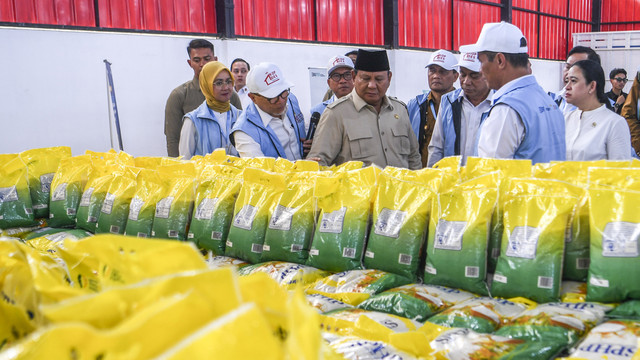 Presiden Prabowo Subianto (tengah) didampingi Menko Bidang Pangan Zulkifli Hasan (ketiga kiri), Menteri Pertanian Andi Amran Sulaiman (kedua kanan), Menteri Koperasi Budi Arie (ketiga kanan), dan Ketua DPR Puan Maharani meninjau gudang koperasi. Foto: ANTARA FOTO/Galih Pradipta