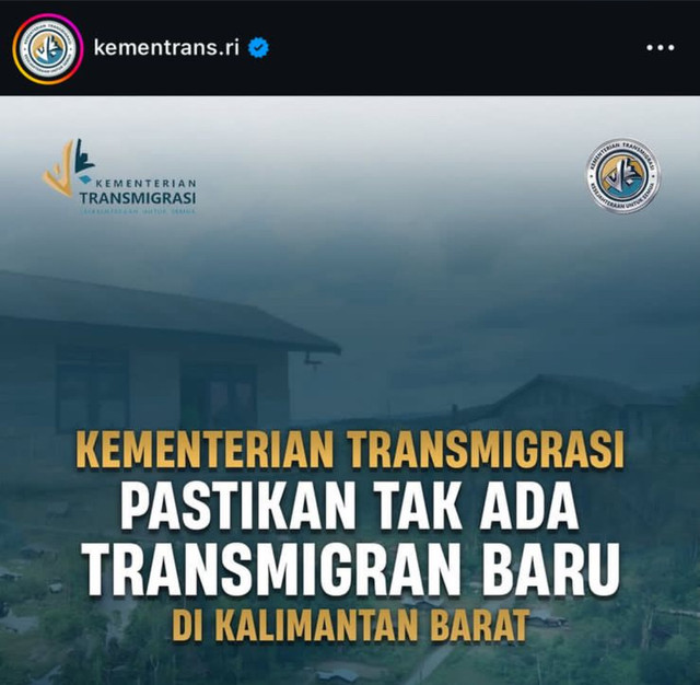 Tangkapan layar penegaskan Kementrian Transmigrasi bahwa tak ada transmigran baru di Kalbar.(Foto: Ist)