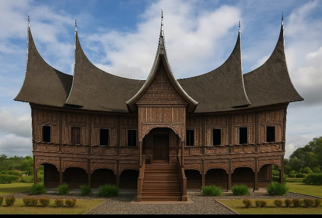 Ilustrasi Rumah Gadang dengan Ciri Khas Lokal Minangkabau. Sumber: Atthoriq Chairul Hakim
