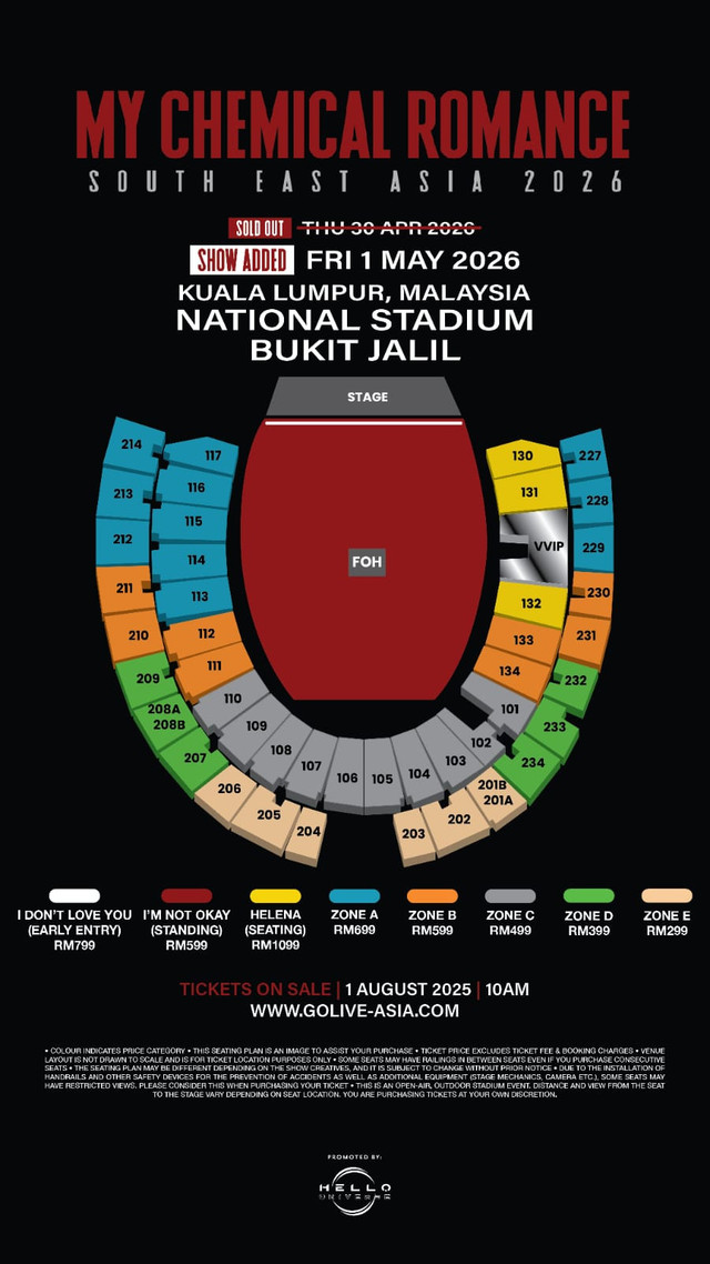 Denah konser My Chemical Romance tambah jadwal konser di Malaysia.