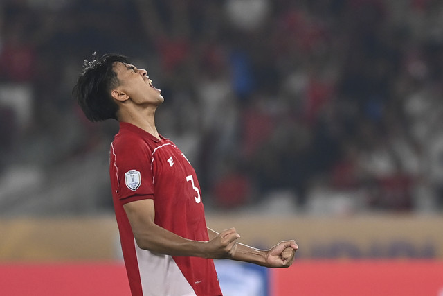 Ekspresi pemain Timnas Indonesia U-23 Kakang Rudianto usai berhasil mengeksekusi penalti pada semifinal Piala AFF U-23 2025 melawan Timnas Thailand U-23 di Stadion Utama Gelora Bung Karno (SUGBK), Senayan, Jakarta, Jumat (25/7/2025). Foto: Dhemas Reviyanto/ANTARA FOTO