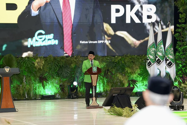 Ketua Umum PKB, Muhaimin dalam peringatan Hari Lahir (Harlah) ke-27 PKB di Jakarta Convention Center (JCC) Senayan, Rabu (23/7/2025) malam./Foto/https://pkb.id