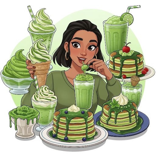 Ilustrasi makanan dan minuman bernuansa matcha, dengan orang (perempuan) yang berinteraksi dengan matcha nya. Foto. AI Gemini (OpenAI)