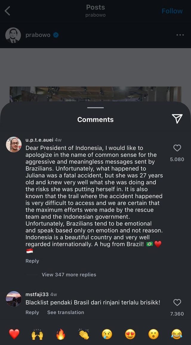 Protes Netizen Brazil di akun Instagram resmi Prabowo (Sumber: @Prabowo, 2025)