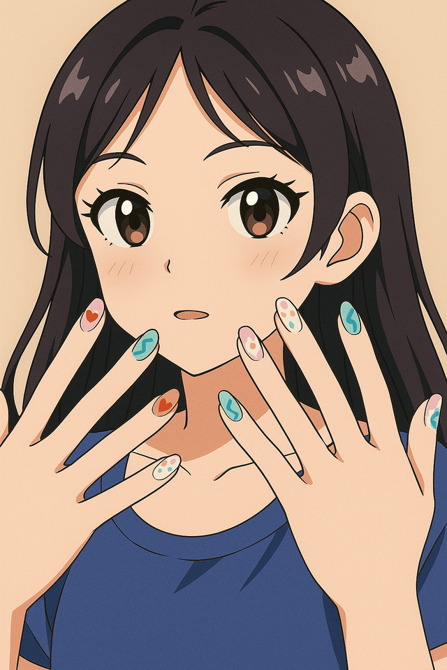 Ilustrasi anime seorang gadis Gen Z menunjukkan nail art warna-warni sebagai simbol ekspresi diri dan tren digital.