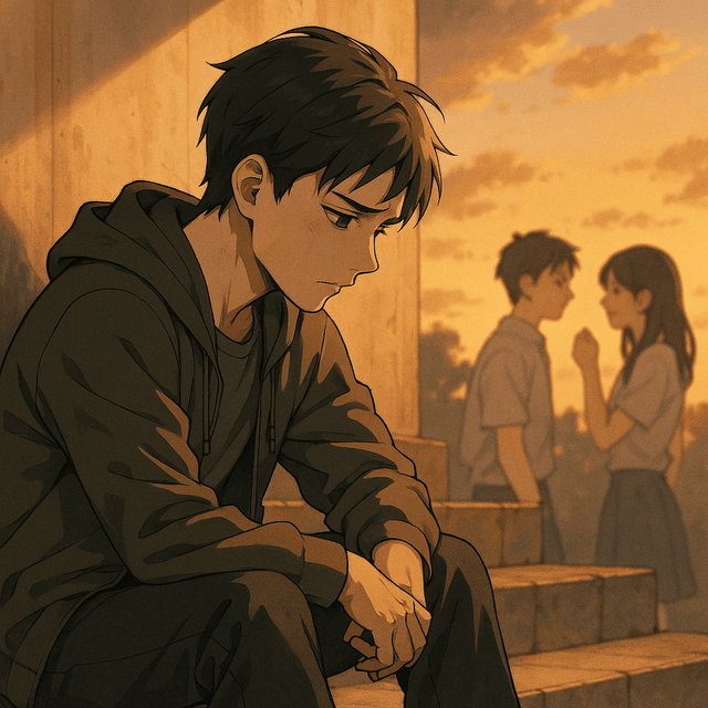 Ilustrasi anime seseorang duduk termenung di bawah cahaya senja, mendengar percakapan orang lain yang menyakitinya dari belakang.Sumber gambar: Unsplash/John Doe).