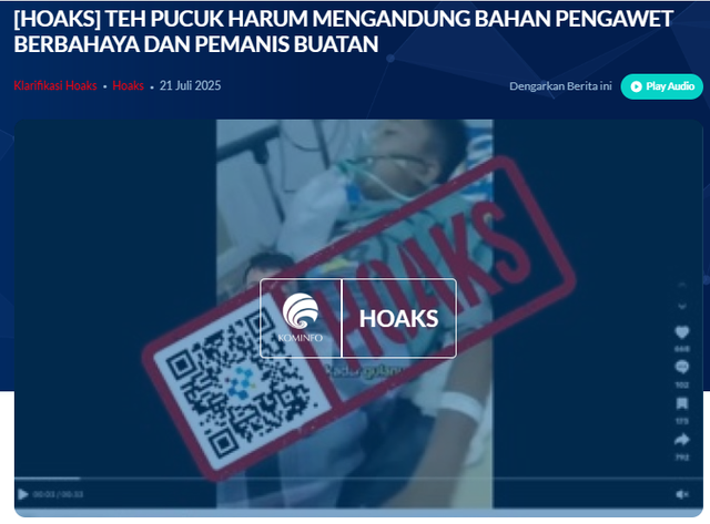Penegasan oleh Komdigi bahwa informasi Teh Pucuk Harum mengandung pengawet dan pemanis buatan adalah hoaks. Foto: dok. Komdigi 