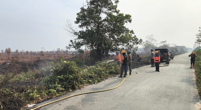 Petugas memadamkan api kebakaran laahan di Antibar Mempawah. Foto: Dok. Istimewa