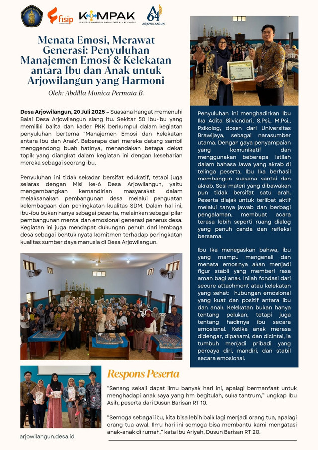 Poster Artikel Penyuluhan PKK & Posyandu: Menata Emosi, Merawat Generasi: Penyuluhan Manajemen Emosi & Kelekatan antara Ibu dan Anak untuk Arjowilangun yang Harmoni