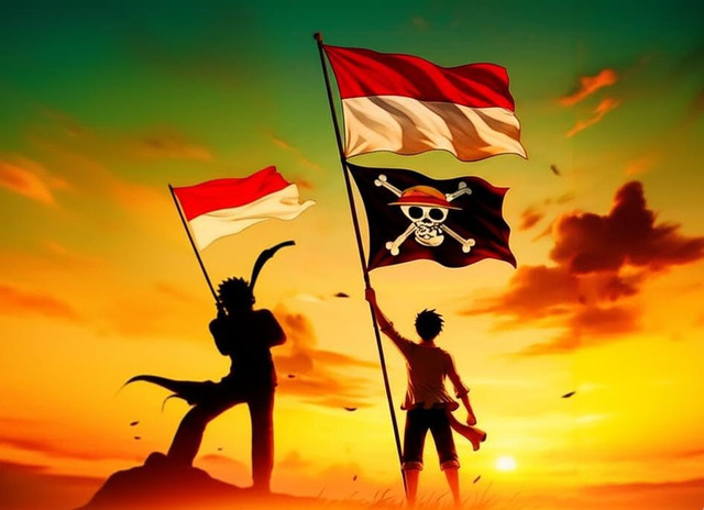 Ilustrasi: Bendera Straw Hat Pirates atau yang seringkali di sebut bendera One Piece yang dikibarkan bersama bendera Merah Putih/AI Gemini
