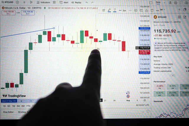 Warga mengamati pergerakan harga mata uang kripto Bitcoin (BTC) di Semarang, Jawa Tengah, Jumat (1/8/2025). Foto: ANTARA FOTO/Aprillio Akbar