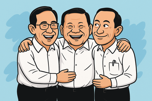 Gambar Tom Lembong, Prabowo, dan Hasto berangkulan, sumber: dibuat dengan AI Chat GPT.