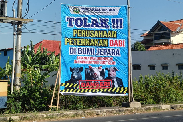 Spanduk penolakan peternakan babi di Kabupaten Jepara, Selasa (5/8/2025). Foto: Intan Alliva Khansa/kumparan