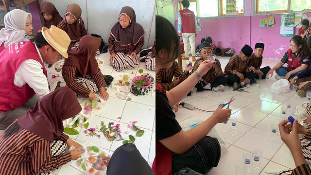 Praktik Pembuatan Karya Kreatif Eco Print dan Bunga Hias dari Sampah Organik dan Anorganik (Sumber: Anggota Kelompok 31 MMD UB)
