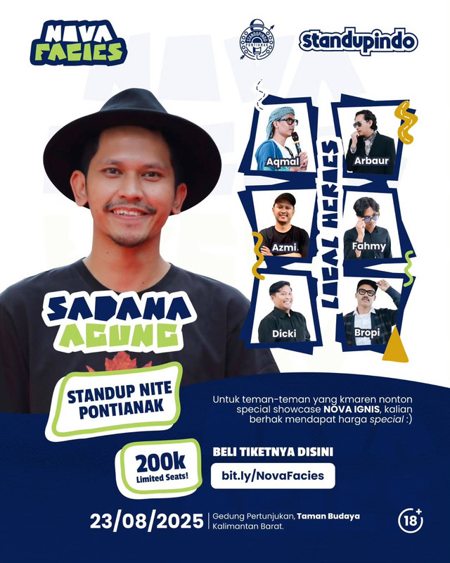 Sadana Agung hingga 6 komedian lokal akan meriahkan gelaran komedi 'Stand Up Nite Pontianak' pada 23 Agustus 2025 mendatang. Foto: Dok. Instagram @standupindo_ptk