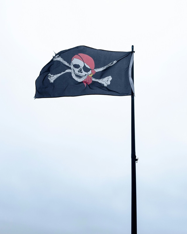 Bendera Jolly Roger. Foto: https://unsplash.com/id/foto/bendera-bajak-laut-dengan-tengkorak-dan-tulang-silang-di-atasnya-RvLyITzf4NU