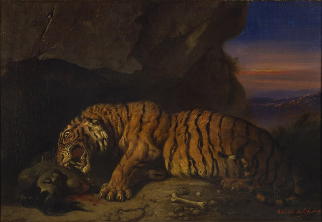 Lukisan Raden Saleh berjudul "Koningstijger met prooi (1866)". (Sumber: wikimedia commons [public domain]).