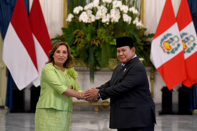 Presiden Prabowo Subianto (kanan) berjabat tangan dengan Presiden Republik Peru Dina Ercilia Boluarte Zegarra saat kunjungan kenegaraan di Istana Merdeka, Jakarta, Senin (11/8/2025). Foto: Galih Pradipta/ANTARA FOTO