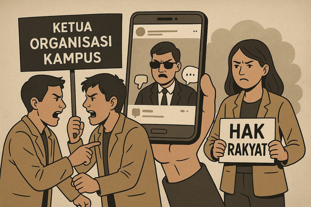 Ilustrasi Konflik Antar Mahasiswa yang Memperebutkan Kekuasaan dan Mengabaikan Hak Rakyat Tertindas (Foto ini dibuat menggunakan AI)