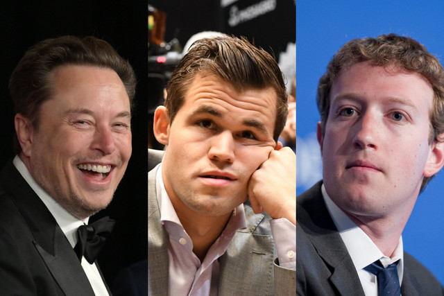 Elon Musk (kiri), Magnus Carlsen, dan Mark Zuckerberg (kanan). Foto: Shutterstock
