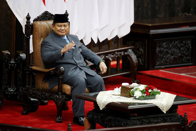 Presiden Prabowo Subianto saat menghadiri Sidang Tahunan MPR/DPR 2025 di Gedung Nusantara, kompleks Parlemen, Senayan, Jakarta, Jumat (15/8/2025). Foto: Ajeng Dinar Ulfiana/REUTERS
