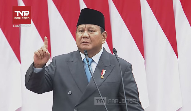 Presiden Prabowo Subianto menyampaikan pidato saat Sidang Tahunan MPR/DPR RI 2025 di Gedung Nusantara, Kompleks Parlemen, Jakarta, Jumat (15/8/2025). Foto: Youtube/TVR PARLEMEN