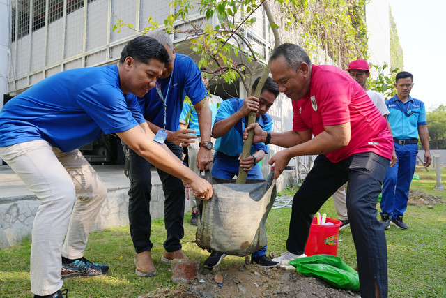 Pelindo Terminal Petikemas saat melakukan penanaman pohon di Kantor Pusat Pelindo Terminal Petikemas, Surabaya dalam menyemarakkan HUT ke-80 RI. Foto: Dok. Pelindo