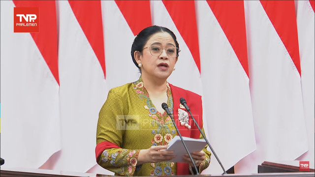 Ketua Dewan Perwakilan Rakyat Republik Indonesia Puan Maharani saat pidato pada Sidang Bersama DPR-DPD RI Tahun 2025 di Gedung Nusantara, Kompleks Parlemen, Jakarta, Jumat (15/8). Foto: Youtube/ TVR Parlemen