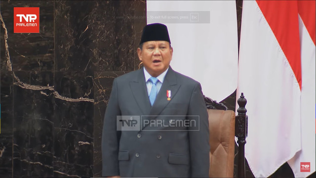 Presiden Prabowo Subianto hadir pada Sidang Tahunan MPR RI dan Sidang Bersama DPR-DPD RI Tahun 2025 di Gedung Nusantara, Kompleks Parlemen, Jakarta, Jumat (15/8). Foto: YouTube/ TVR Parlemen