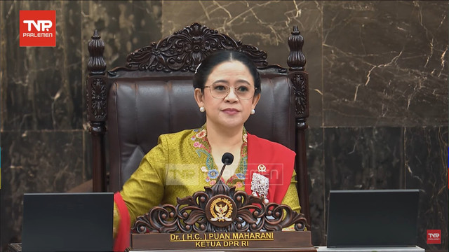 Ketua Dewan Perwakilan Rakyat Republik Indonesia Puan Maharani saat pidato pada Sidang Bersama DPR-DPD RI Tahun 2025 di Gedung Nusantara, Kompleks Parlemen, Jakarta, Jumat (15/8). Foto: Youtube/ TVR Parlemen