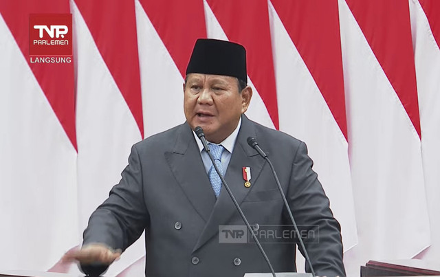 Presiden Prabowo Subianto dalam Pidato Tentang RUU APBN 2026 dan Nota Keuangan di Gedung Nusantara, Kompleks Parlemen, Jakarta, Jumat (15/8/2025). Foto: Youtube/TVR PARLEMEN