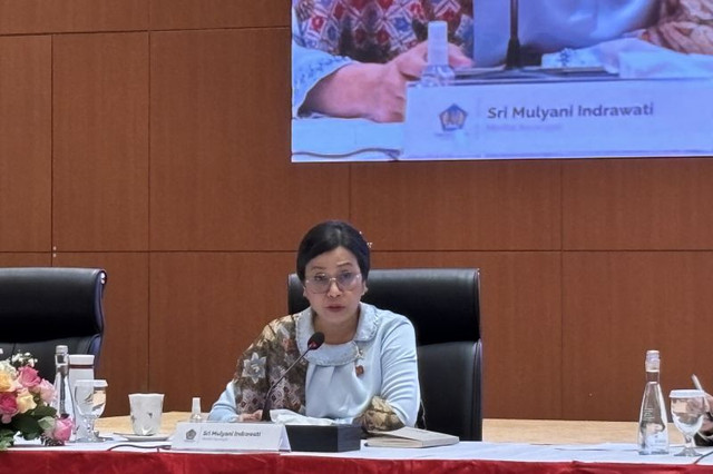 Menteri Keuangan Sri Mulyani Indrawati dalam Konferensi Pers RAPBN dan Nota Keuangan 2026 di Jakarta, Jumat (15/8/2026). (ANTARA/Imamatul Silfia). 