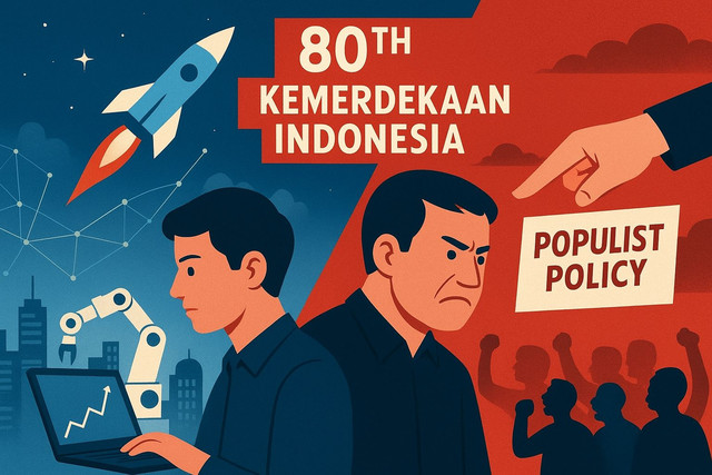 Ilustrasi perkembangan teknologi dengan kebijakan politik populis yang berdampingan (Foto dibuat oleh AI)