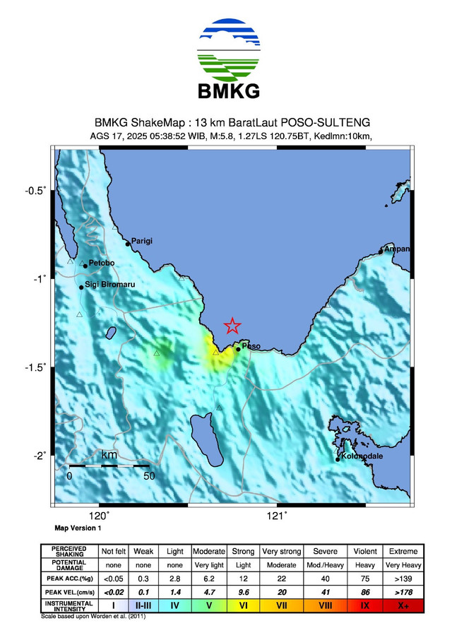 Peta gempa 5,8 Magnitudo di Poso, Sulteng Foto: BMKG