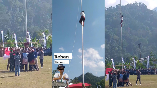 Aksi heroik Siswa SDN 1 Way Muli saat memanjat tiang bendera saat Upacara Kemerdekaan Republik Indonesia. | Foto: Istimewa