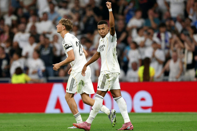 Selebrasi pemain Real Madrid Kylian Mbappe usai mencetak gol. Foto: Violeta Santos Moura/REUTERS